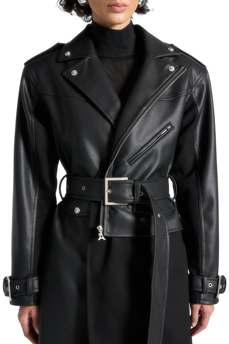 Ayleen Leather Biker Trench Coat, Alternate, color, Black