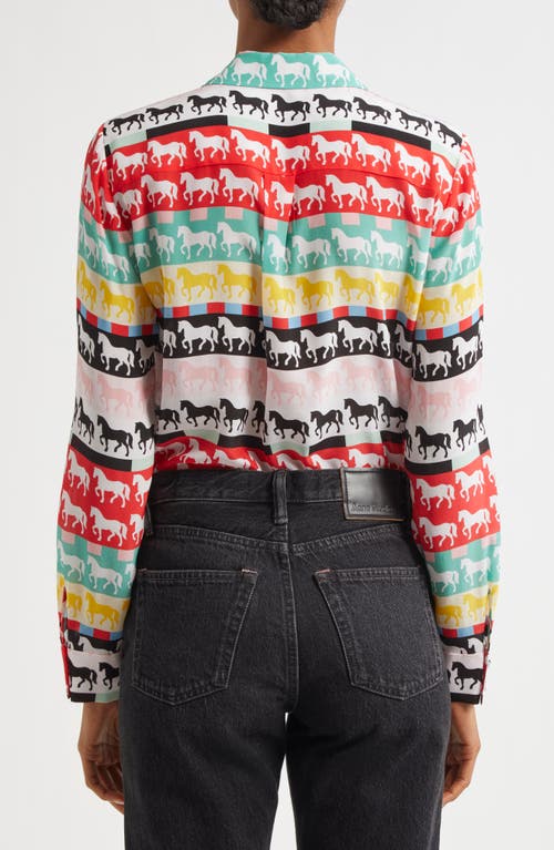 ALICE AND OLIVIA ALICE + OLIVIA WILLA HORSE PRINT LONG SLEEVE SILK BUTTON-UP SHIRT