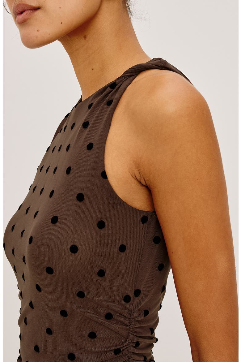 Daija Polka Dot Sleeveless Asymmetric Midi Dress, Alternate, color, CHOCOLATE POLKA DOT
