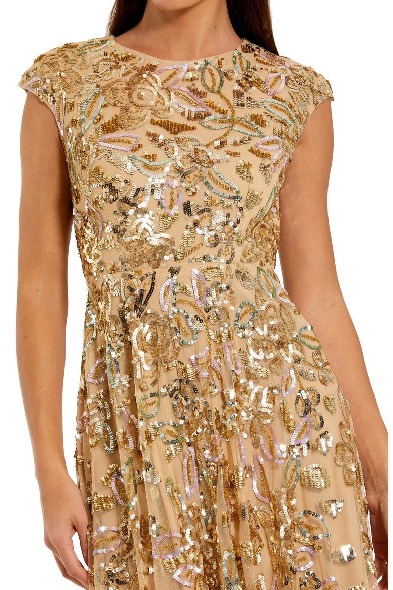 Sequined High Neck Cap Sleeve A Line Gown, Alternate, color, Gold Multi