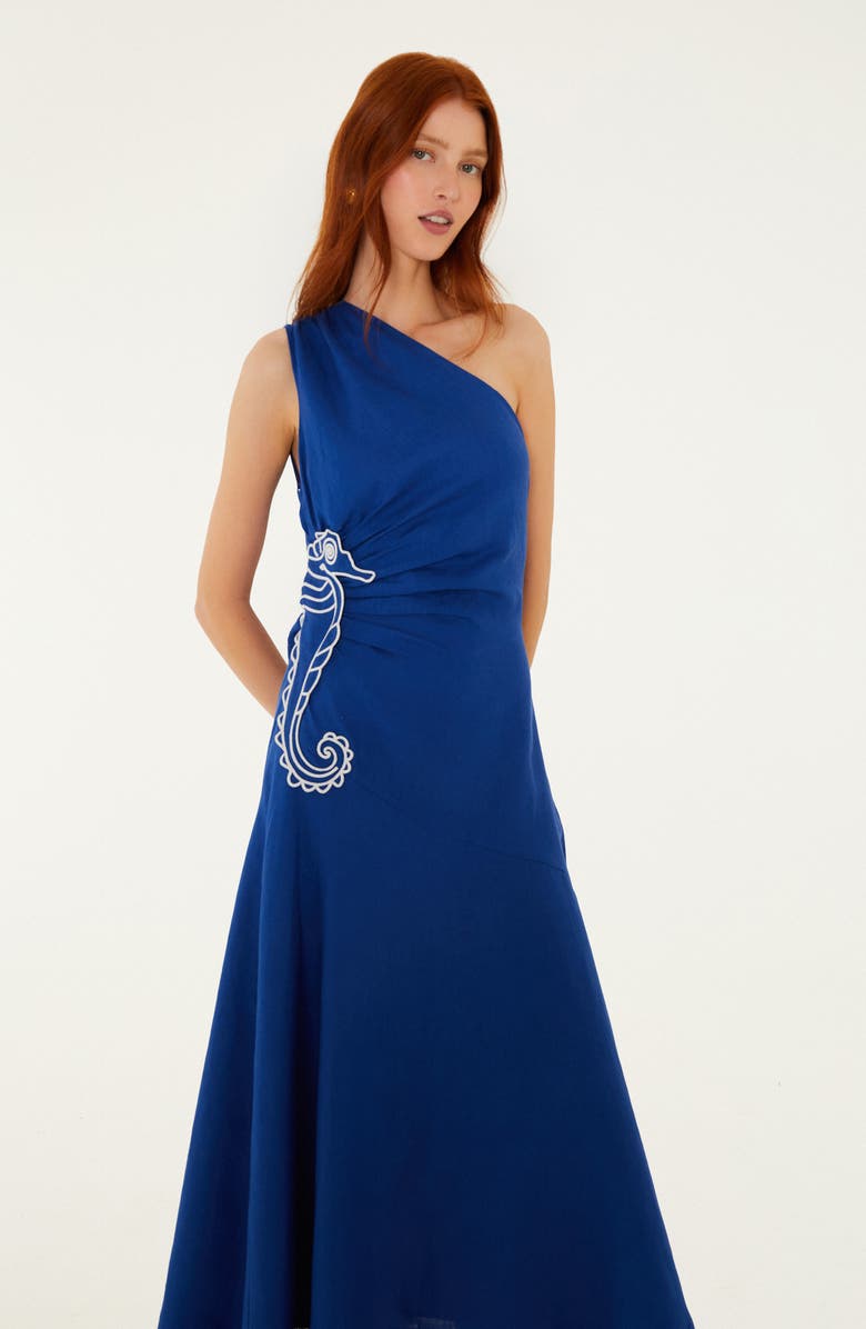 FARM Rio Embroidered Seahorse One-Shoulder Linen Dress, Alternate, color, Blue