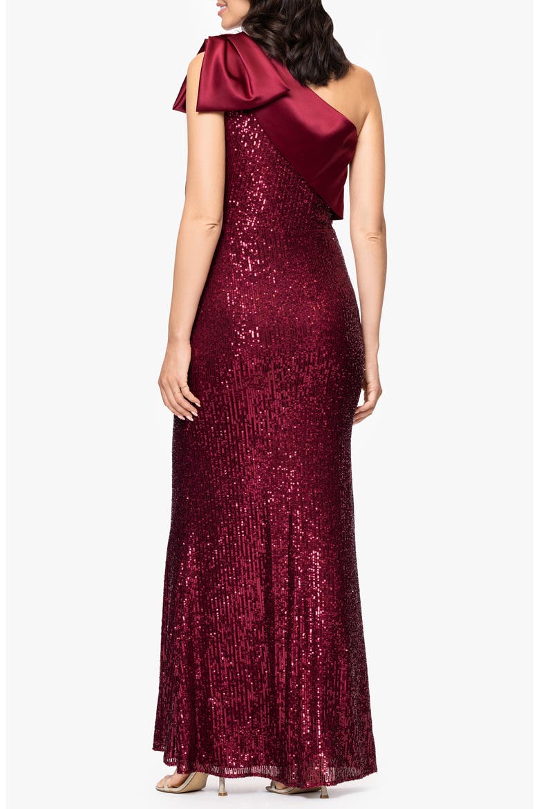 Sequin Bow One-Shoulder Column Gown, Alternate, color, BURGUNDY