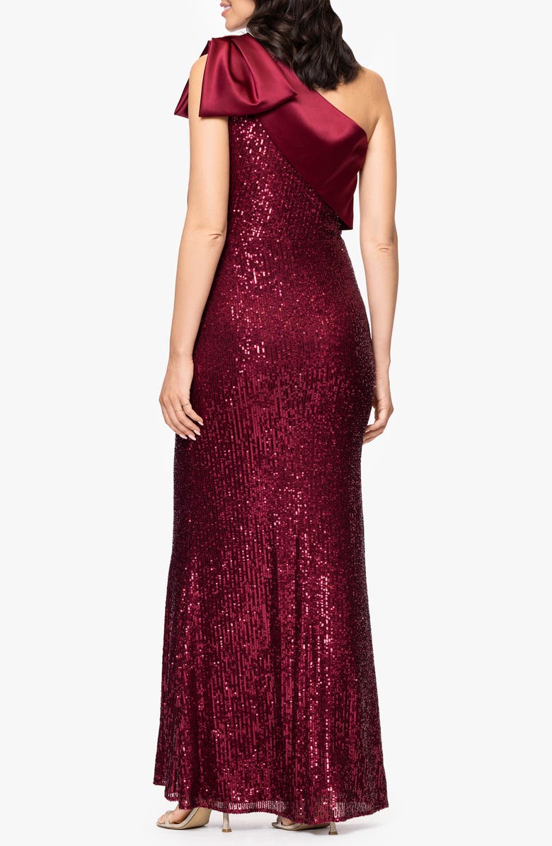 Betsy 
Adam Sequin Bow One-Shoulder Column Gown, Alternate, color, Burgundy