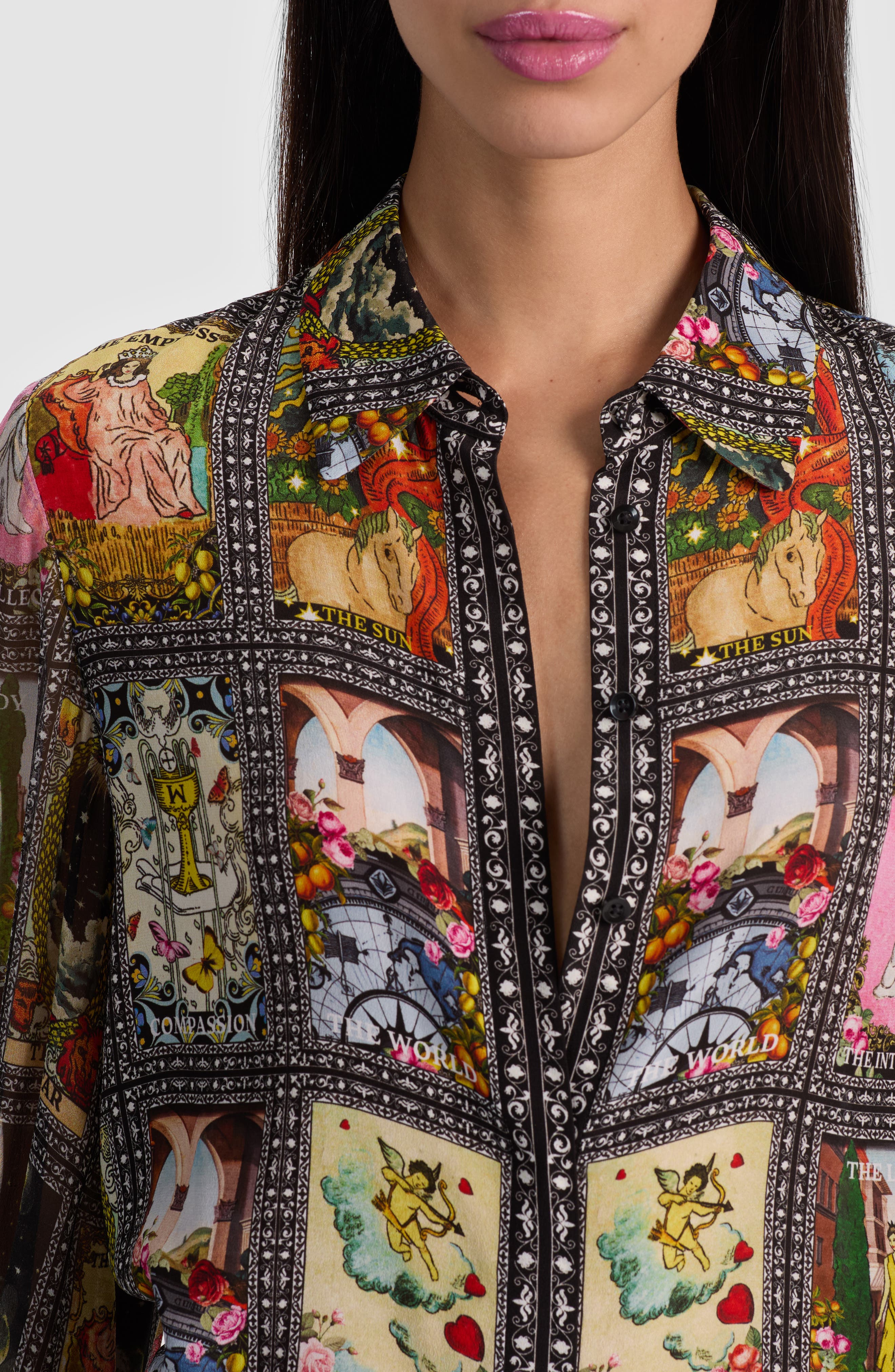 ALICE + OLIVIA Tarot Card Print Silk Button-Up Shirt (Women