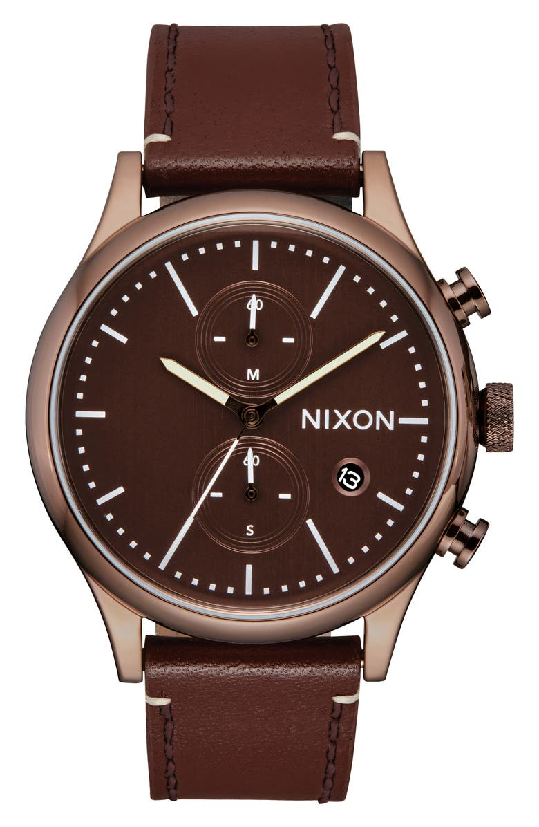 Nixon Station Chronograph Leather Strap Watch, 41mm, Alternate, color, 