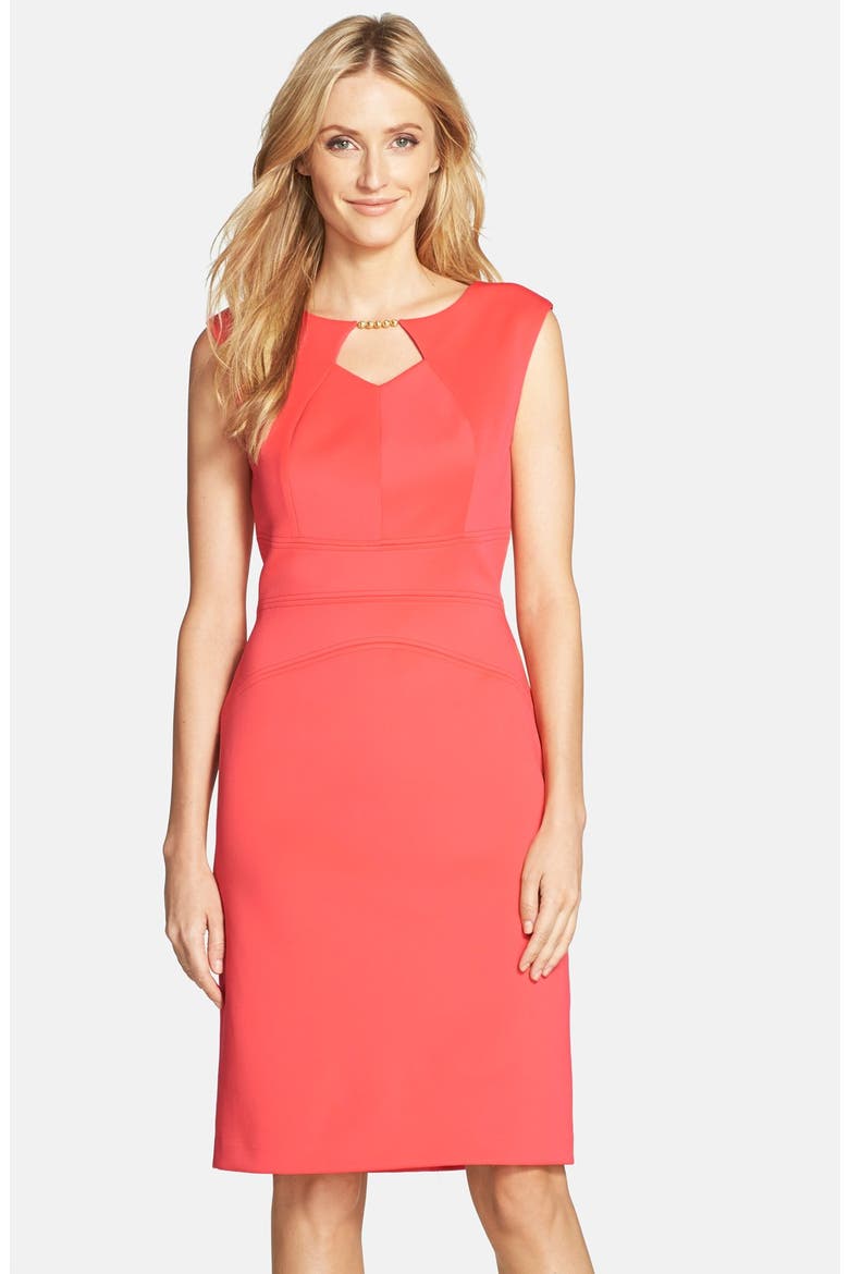 Embellished Scuba Sheath Dress, Main, color, CORAL