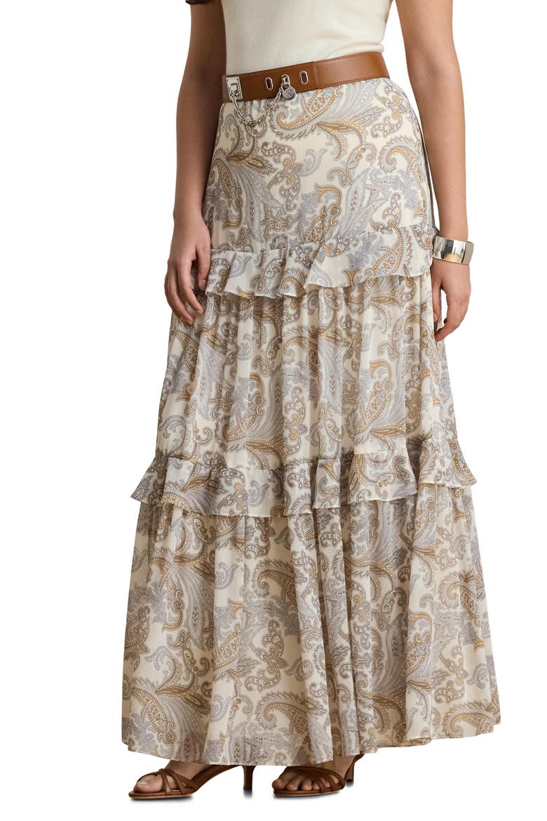 Paisley Ruffle Tiered Maxi Skirt, Alternate, color, CREAM/ MULTI