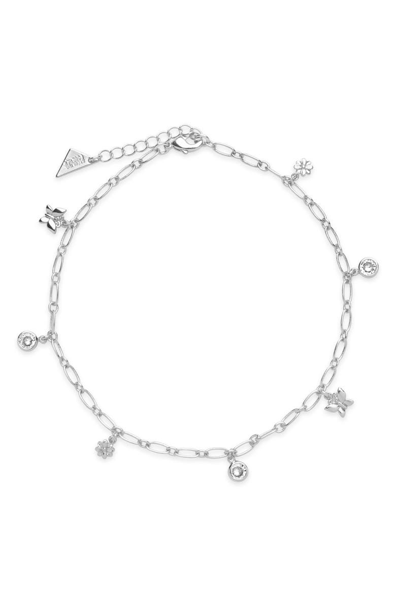 Sterling Forever Butterfly & Blossom Charm Anklet, Main, color, 