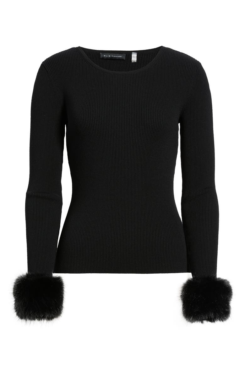 The Savannah Faux Fur Cuff Sweater, Alternate, color, NOIR