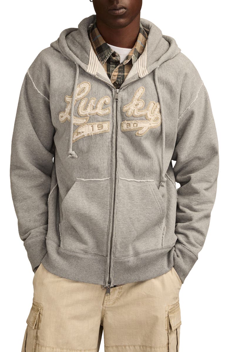 Lucky Brand Logo Appliqué Cotton French Terry Zip Hoodie, Main, color, Heather Grey