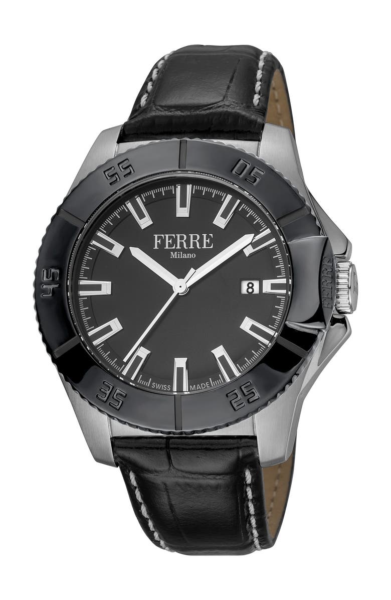 FERRE MILANO Men's Stainless Steel Leather Watch, 45mm, Main, color,