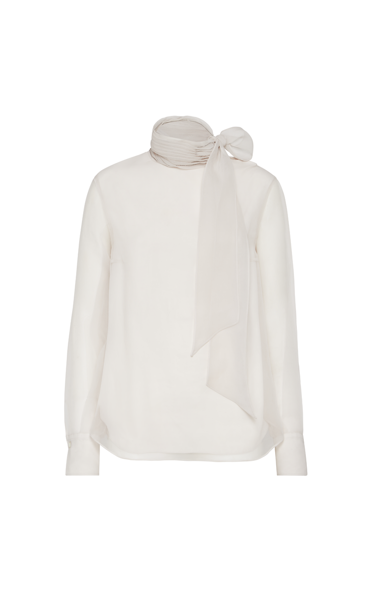 Brunello Cucinelli Pussybow blouse with monili, Main, color, Beige Silk