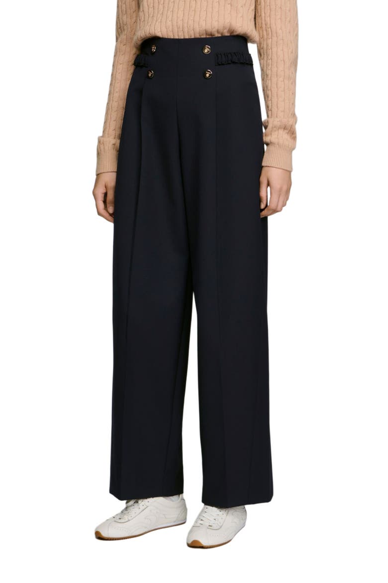 Buttoned wide-leg wool trousers, Alternate, color, Navy blue