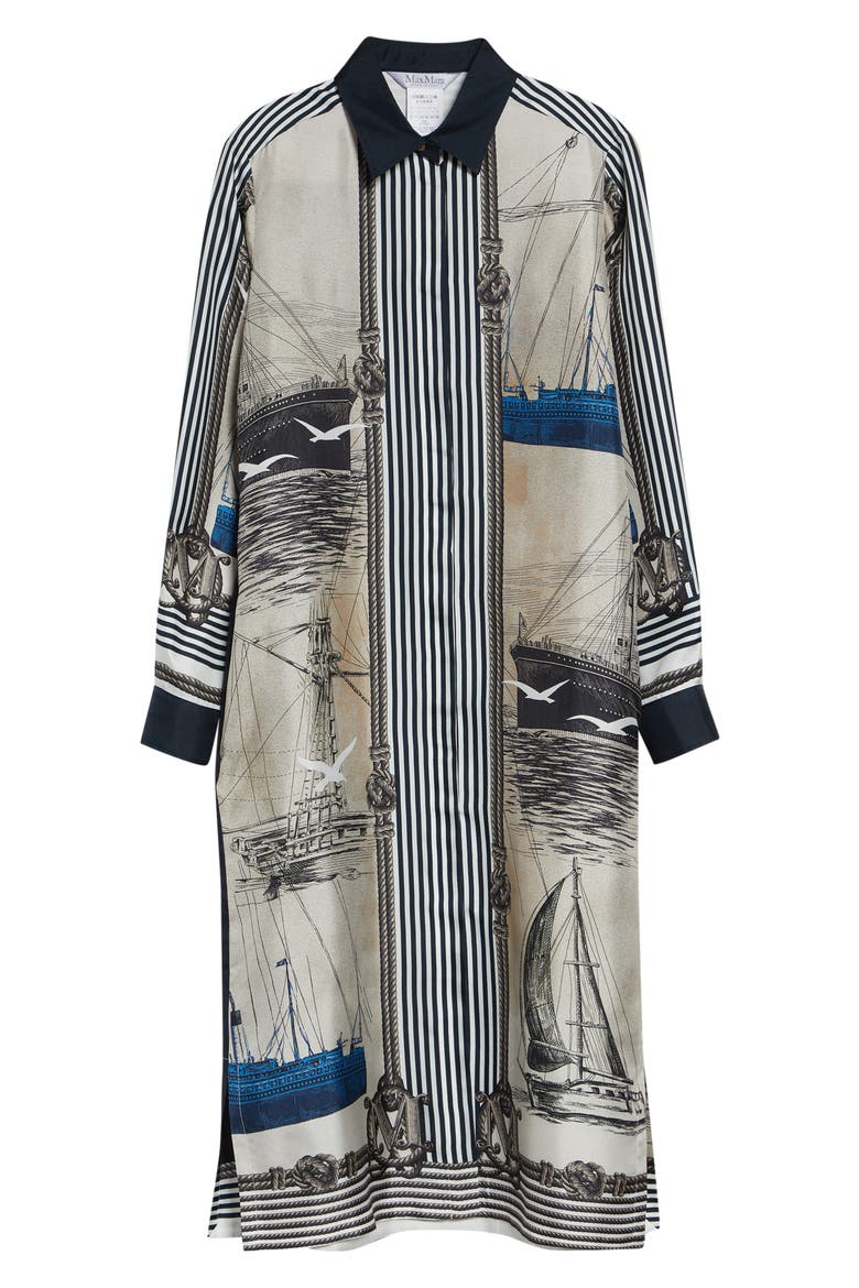 Mariner Print Long Sleeve Silk Midi Shirtdress, Alternate, color, STONE