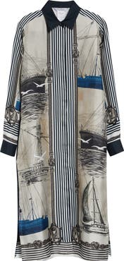 Max Mara Mariner Print Long Sleeve Silk Midi Shirtdress