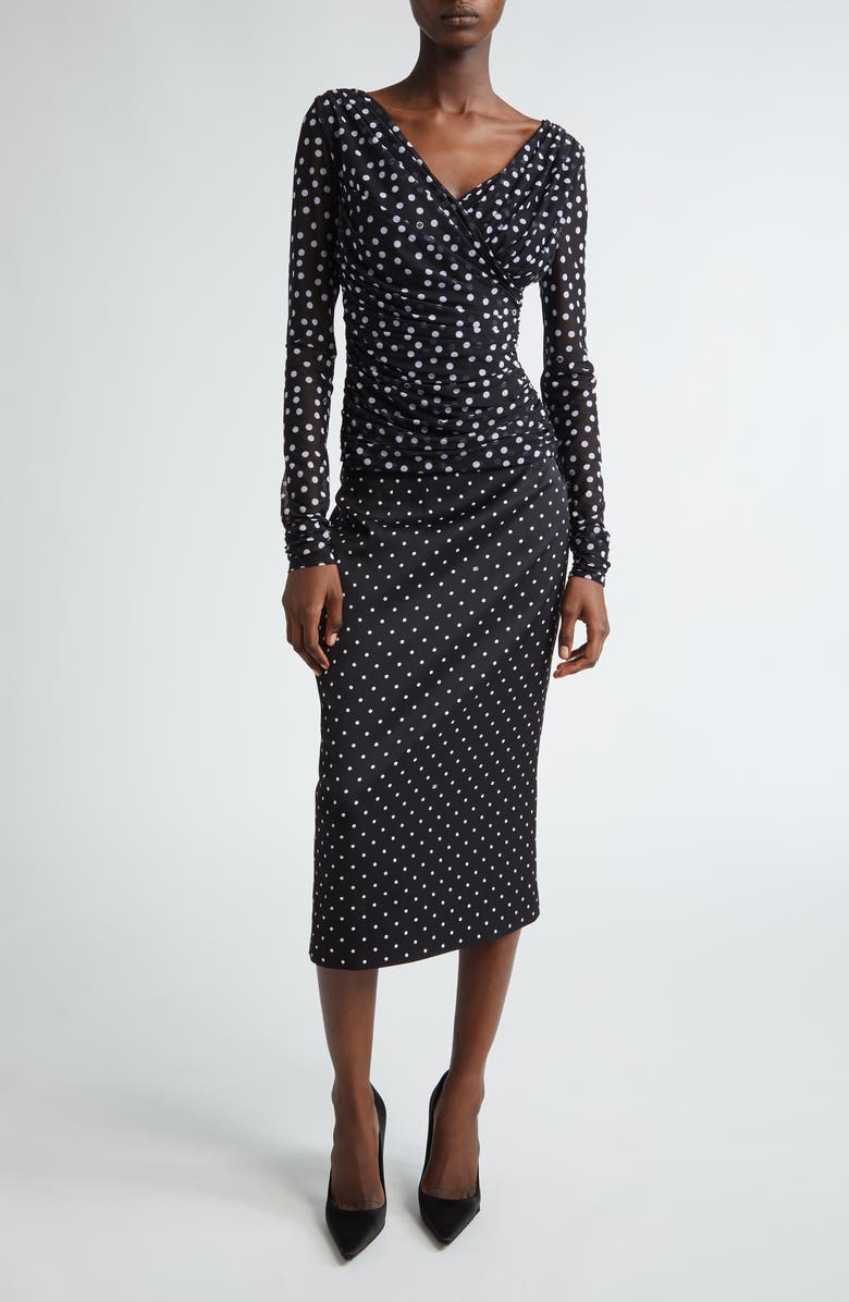 Dolce&Gabbana Polka Dot Ruched Tulle Top, Alternate, color, Nero Dot Bianco