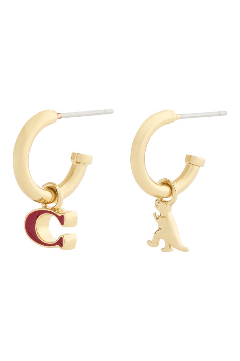 C Logo & Rexy Mismatched Huggie Hoop Earrings, Alternate, color, BURGUNDY/ GOLD