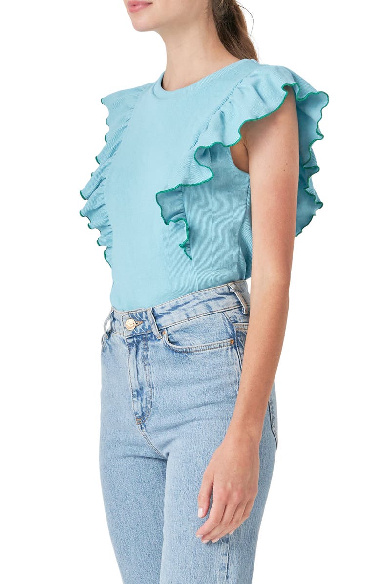 English Factory Merrow Ruffle Top, Alternate, color, Powder Blue/ Green