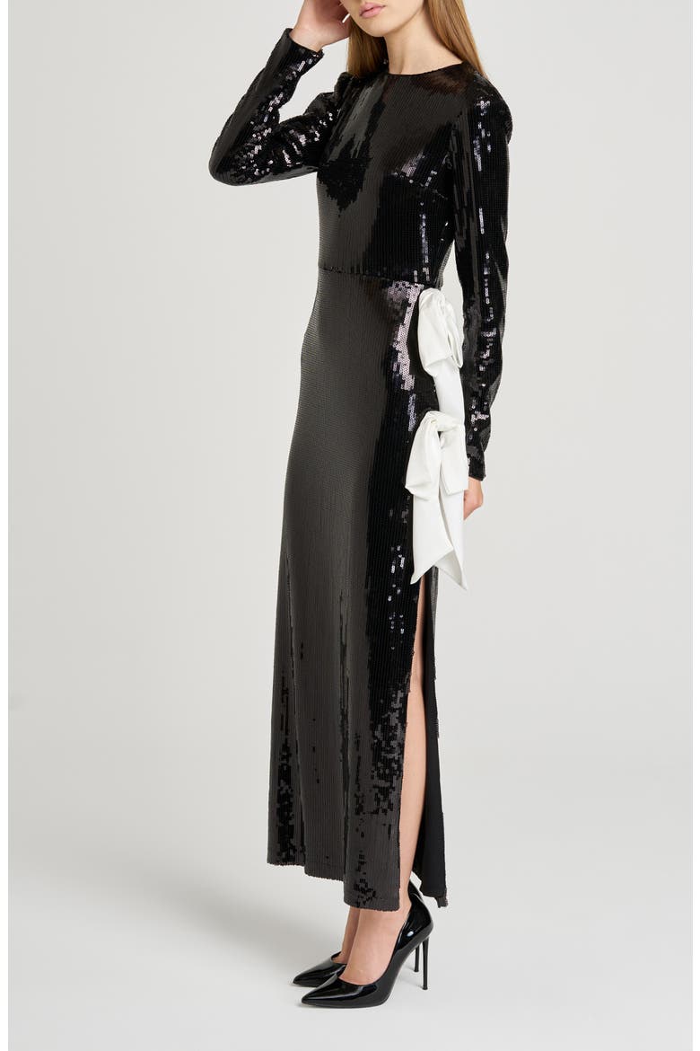 Charlize Sequin Side Bow Long Sleeve Maxi Dress, Alternate, color, BLACK