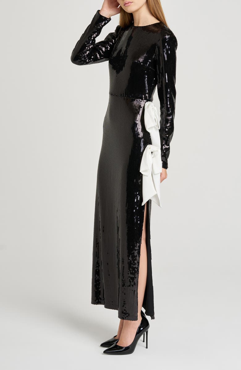 WAYF Charlize Sequin Side Bow Long Sleeve Maxi Dress, Alternate, color, Black
