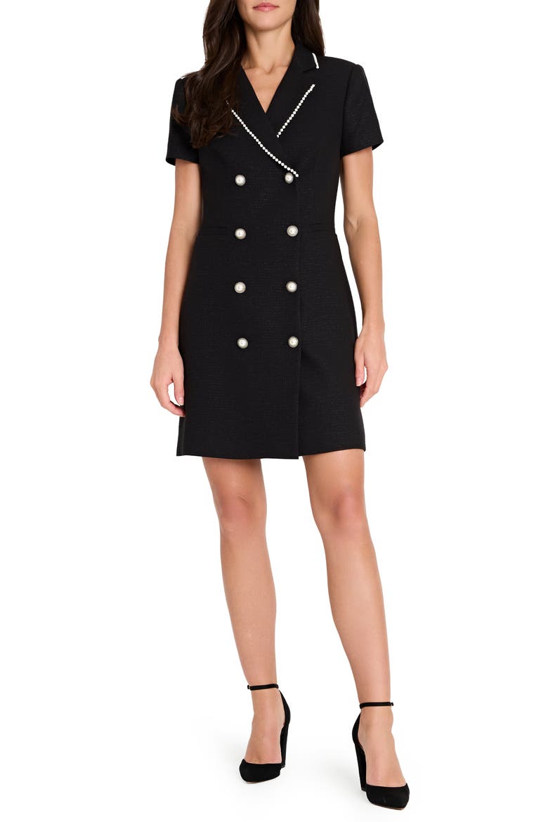 Faux Pearl Trim Tweed Dress, Main, color, BLACK