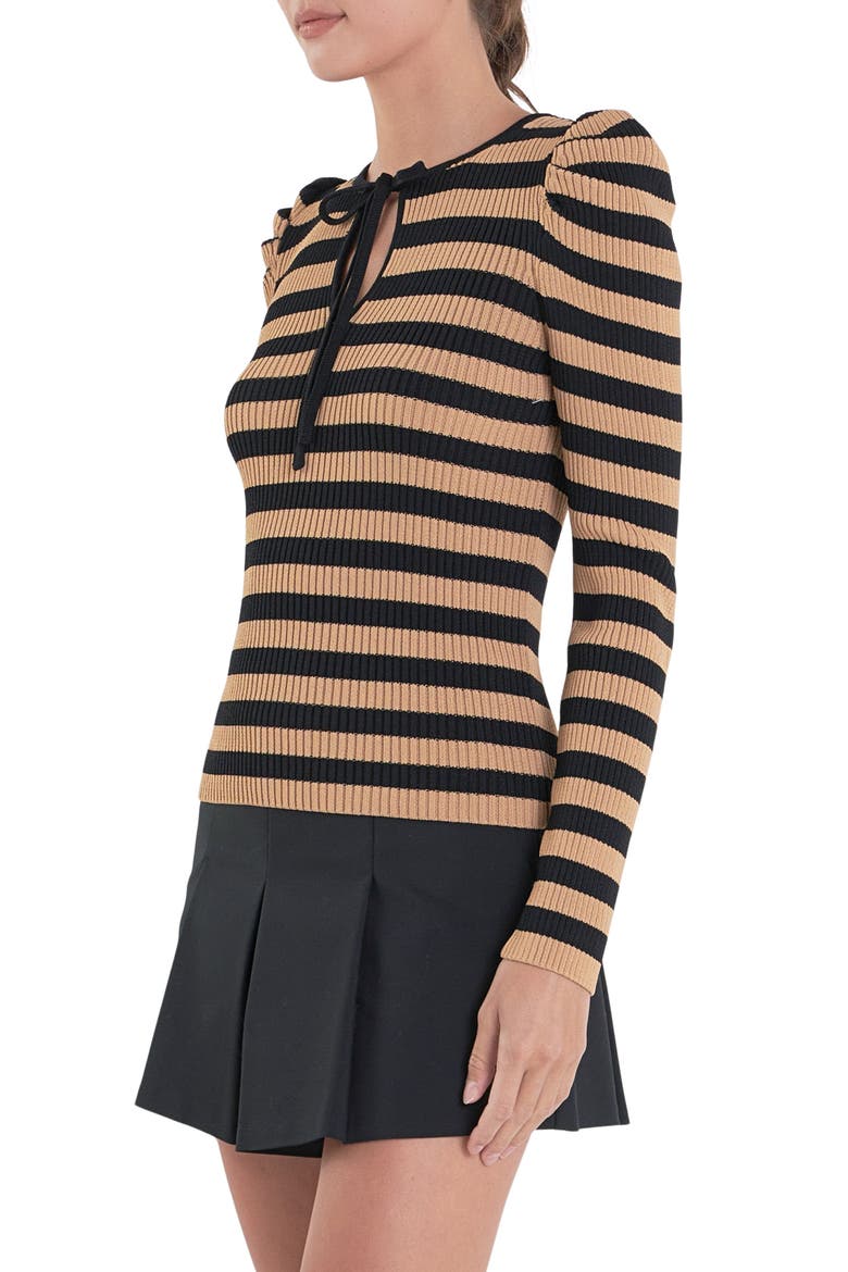 Puff Shoulder Stripe Rib Knit Top, Alternate, color, TANBLACK