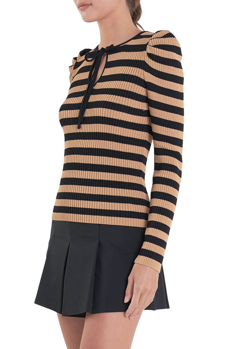 English Factory Puff Shoulder Stripe Rib Knit Top, Alternate, color, Tan/ Black