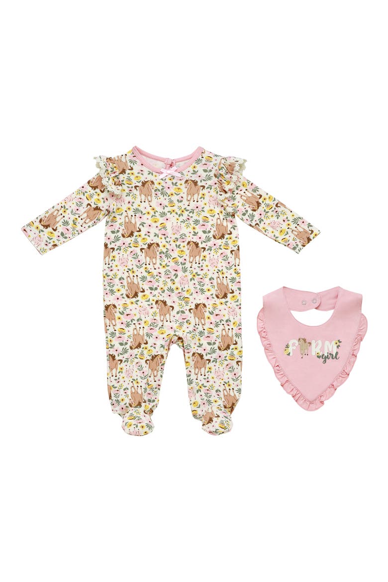 Farm Print Footie & Bib Set, Main, color, PINK