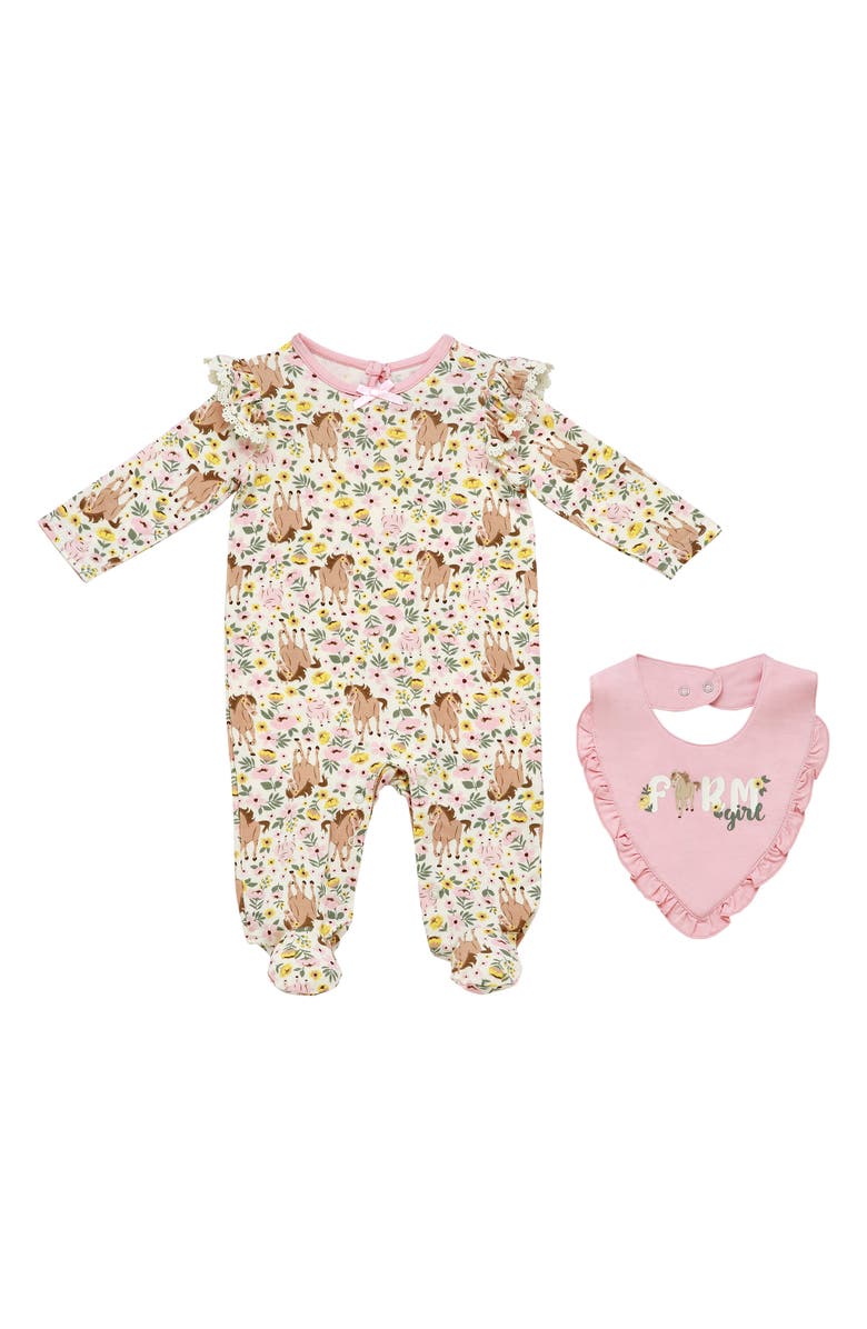BABY STARTERS Farm Print Footie & Bib Set, Main, color, Pink
