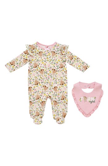 Baby Starters Farm Print Footie & Bib Set In Pink