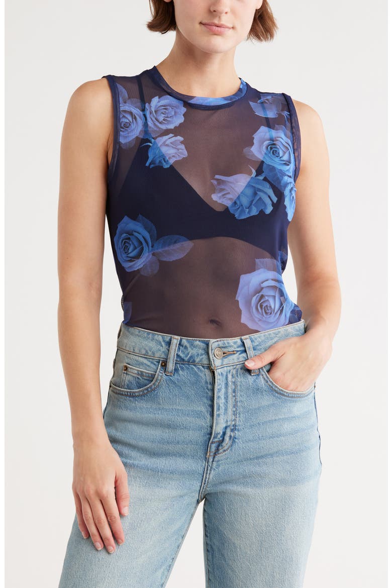 Sleeveless Powermesh Top, Main, color, BLUE FLORAL