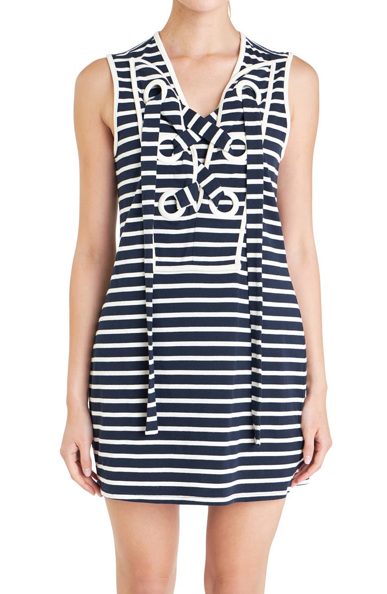 English Factory Stripe Lace-Up Shift Dress, Alternate, color, Navy/ White