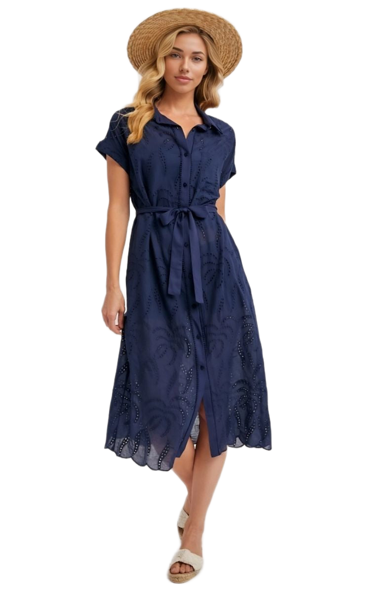 Knit and Lounge Eyelet Button Front Tie Waist Short Sleeve Scalloped Hem Shirt Dress, Alternate, color, Navy