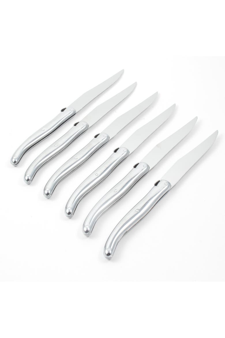 Platine 6 Piece Steak Knife Set in Wood Box with Acrylic Lid, Main, color, Platine Stainless Steel