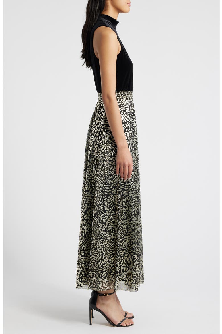 Mixed Media Metallic Print Gown, Alternate, color, GOLD/BLACK