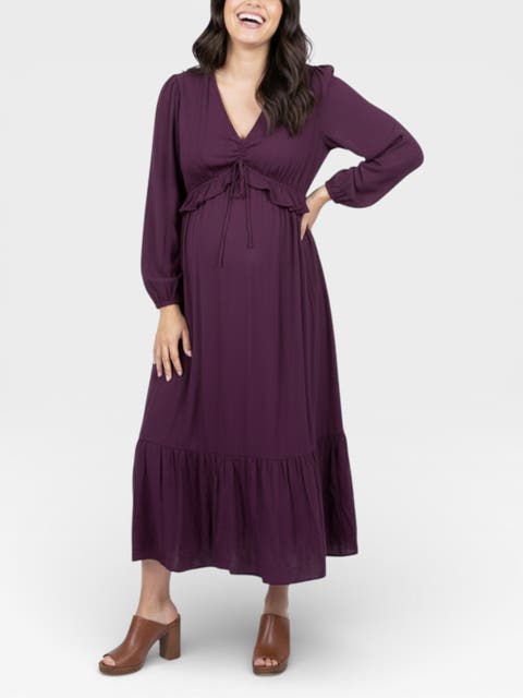 Puff Sleeve Ruffle Midi Maternity Dress