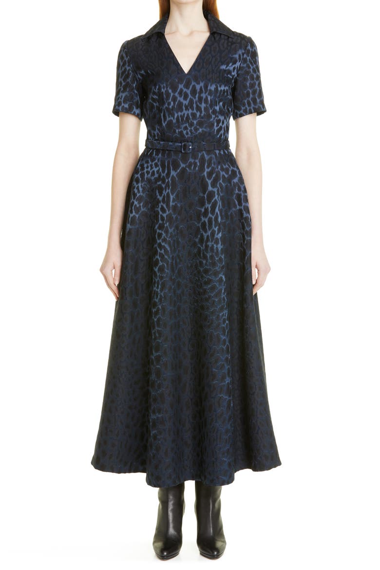 Leopard Jacquard Wool Blend Belted Dress, Main, color, NAVY MULTI