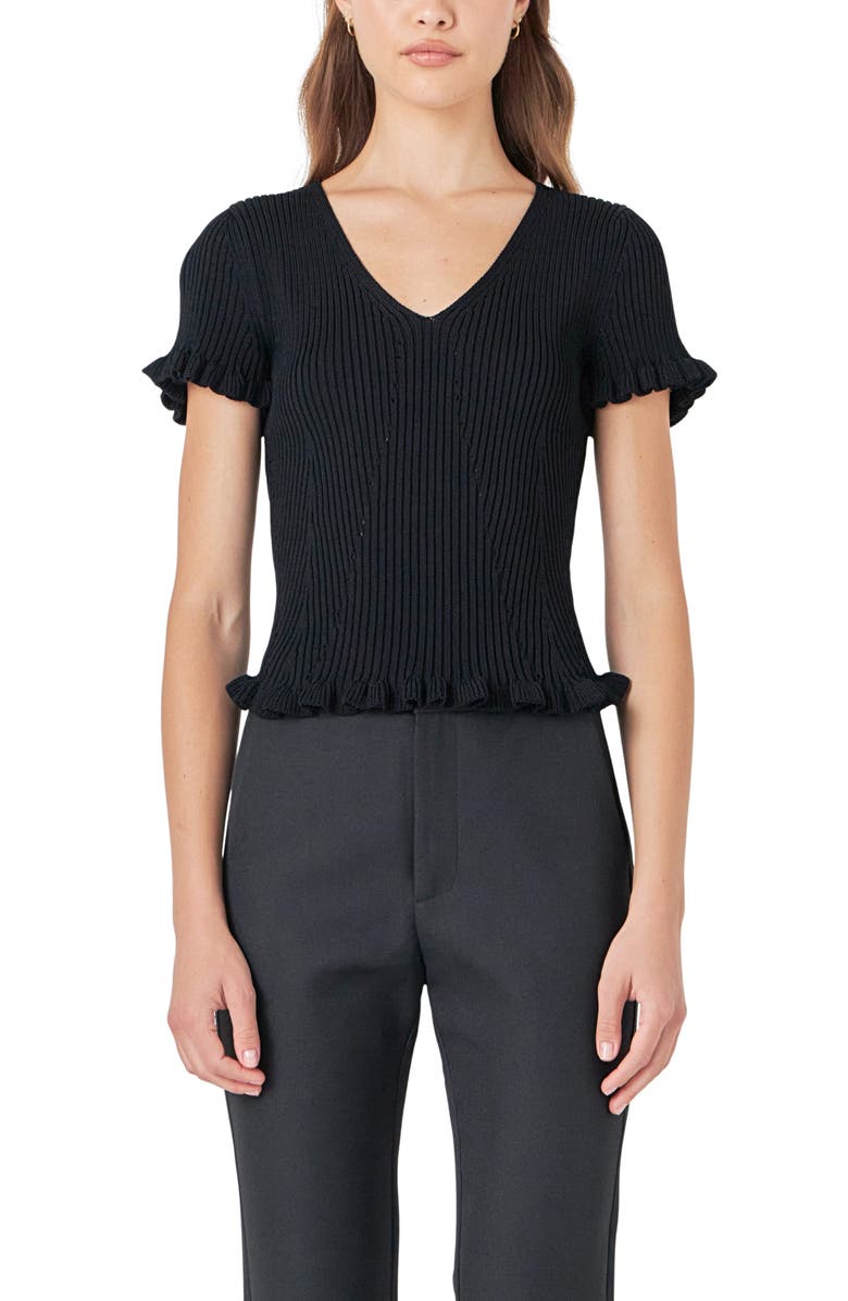 Endless Rose Lettuce Edge Rib Top, Alternate, color, Black