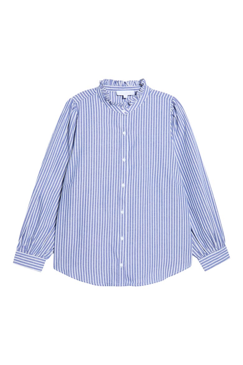 Sandy Ruffle Stripe Button-Up Shirt, Alternate, color, BLUE-STRIPE