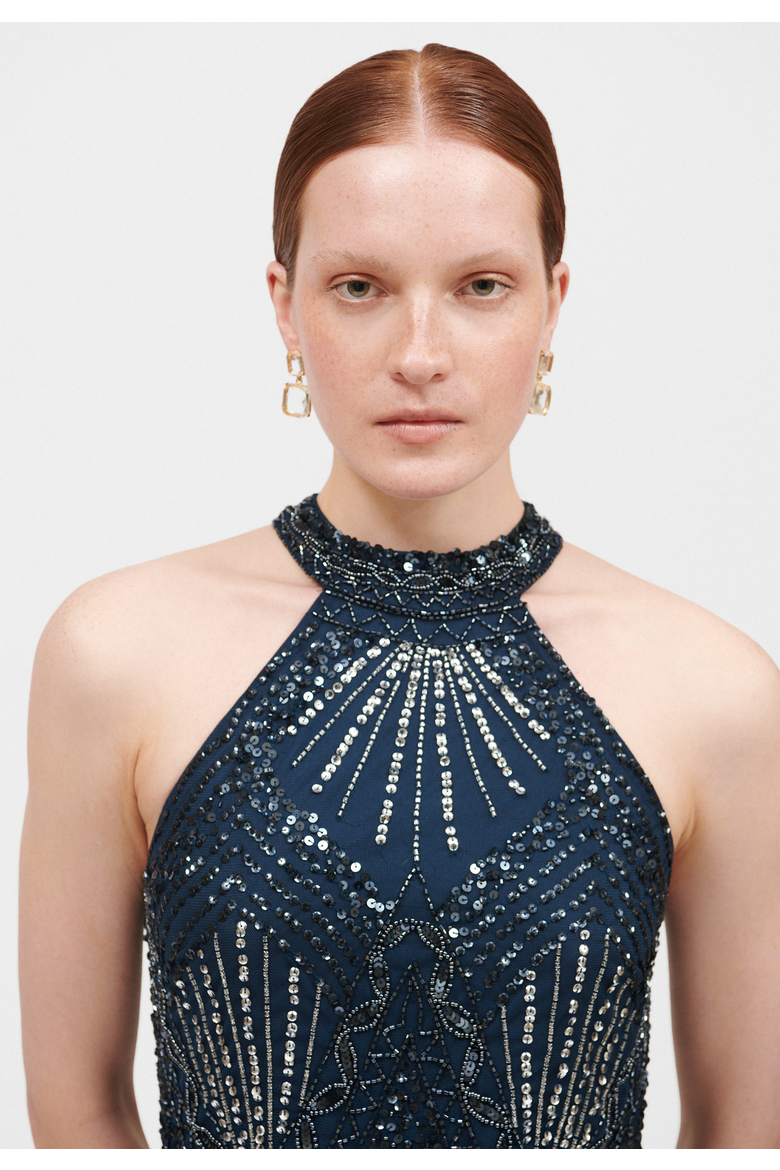 Occasion Embellished Sequin Beaded Halter Neck Evening Maxi Dress, Alternate, color, NAVY