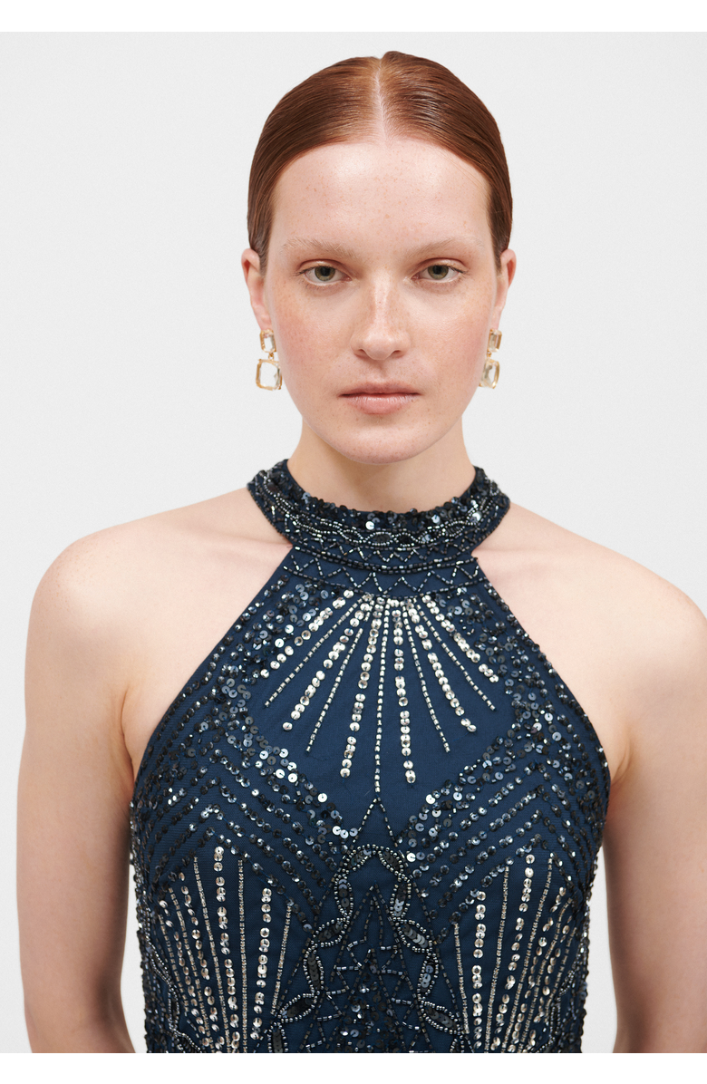 BEAUUT Occasion Embellished Sequin Beaded Halter Neck Evening Maxi Dress, Alternate, color, Navy