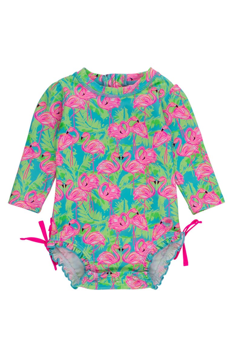 RuffleButts Baby Girls Tropical Long Sleeve UPF50+ One Piece Rash Guard, Main, color,