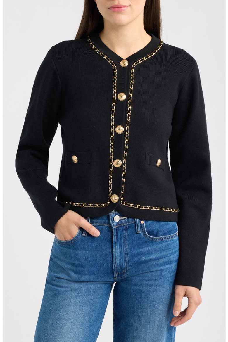 Chain Trimmed Knit Jacket, Alternate, color, BLACK