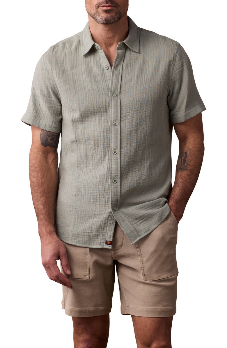 The Normal Brand Kalo Cotton Gauze Short Sleeve Button-Up Shirt, Main, color, Juniper