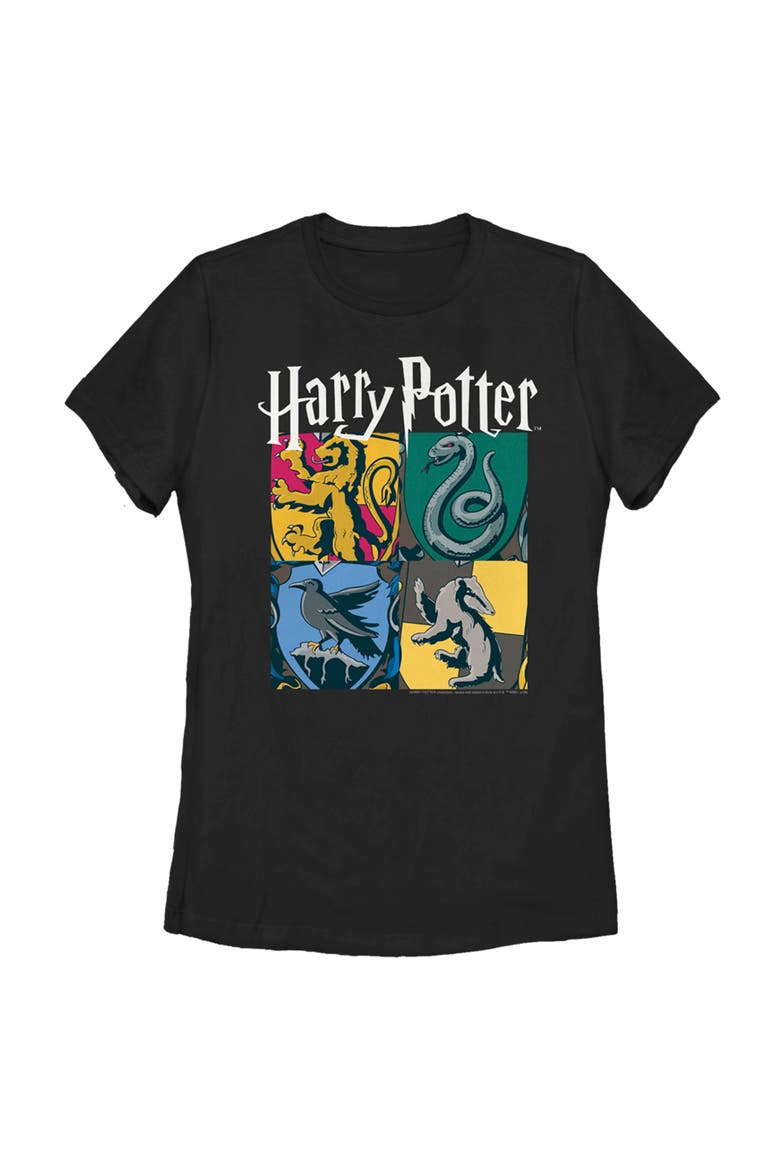 Women's Harry Potter Hogwarts Houses Vintage Collage Graphic Tee, Main, color, Black