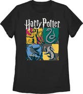 HARRY POTTER Women's Harry Potter Hogwarts Houses Vintage Collage Graphic Tee