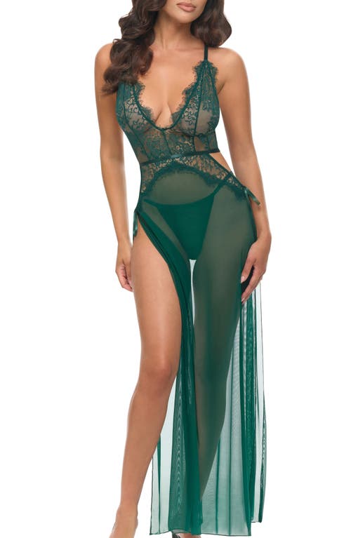 Oh La La Cheri Floral Lace Chiffon Long Chemise In Green