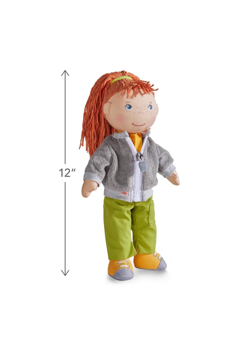 HABA 12" Soft Doll Soley with Red Hair and Embroidered Face, Machine Washable Baby Doll with Clothes and Baby Dolls for 18 months and up, Alternate, color, Green Multi