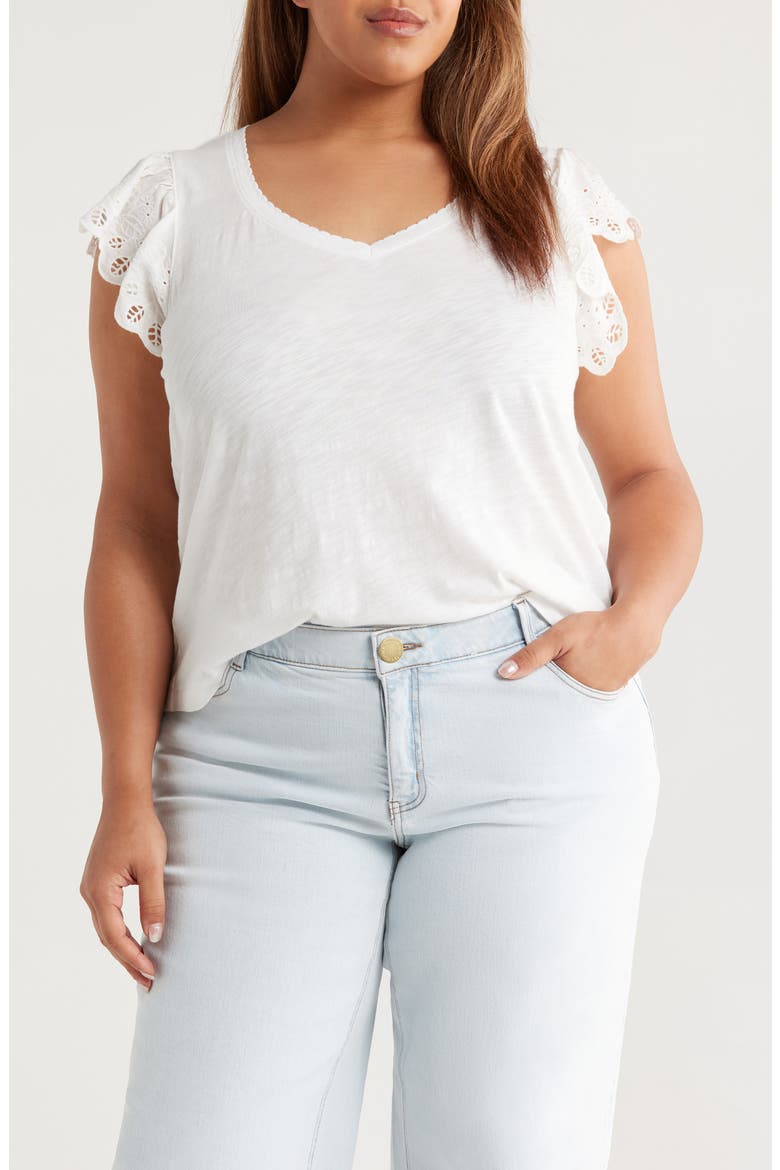 Eyelet Flutter Sleeve V-Neck T-Shirt, Main, color, WHITE