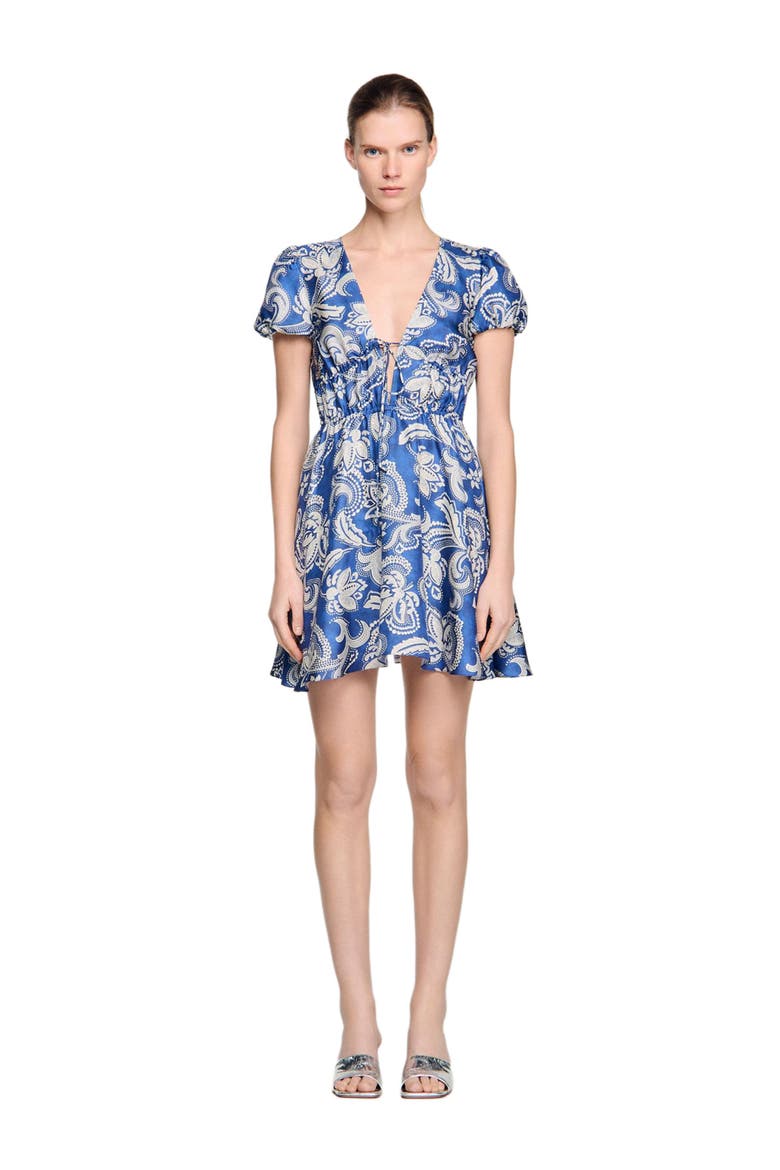 Floral print short dress, Alternate, color, Blue / ecru